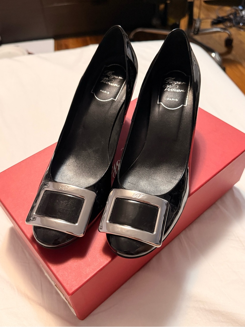 Roger Vivier Black Patent Peep-Toe Pumps with Silver Buckle